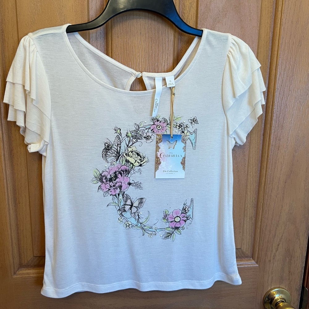 Disney Cream Floral Tee with Ruffle Sleeves